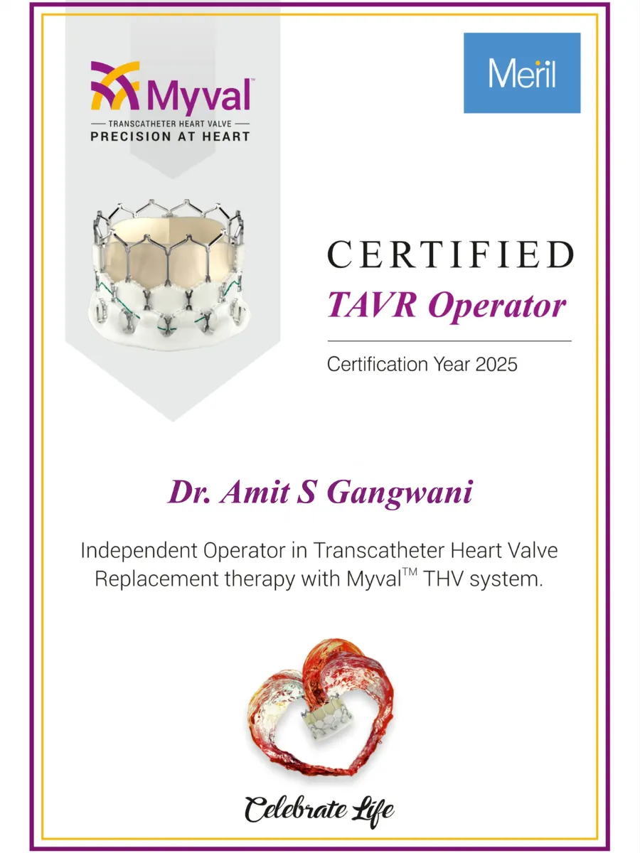 Meril Myval certified TAVR proctor certificate awarded to Dr. Amit Gangwani, 2026